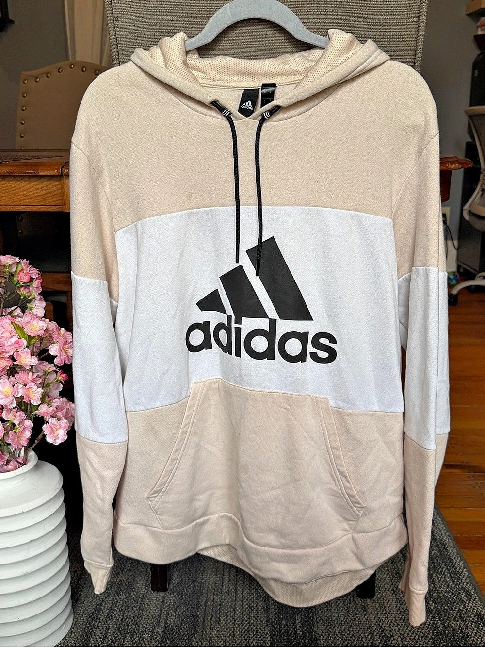 adidas Color Block Hoodie Beige & White Size Large